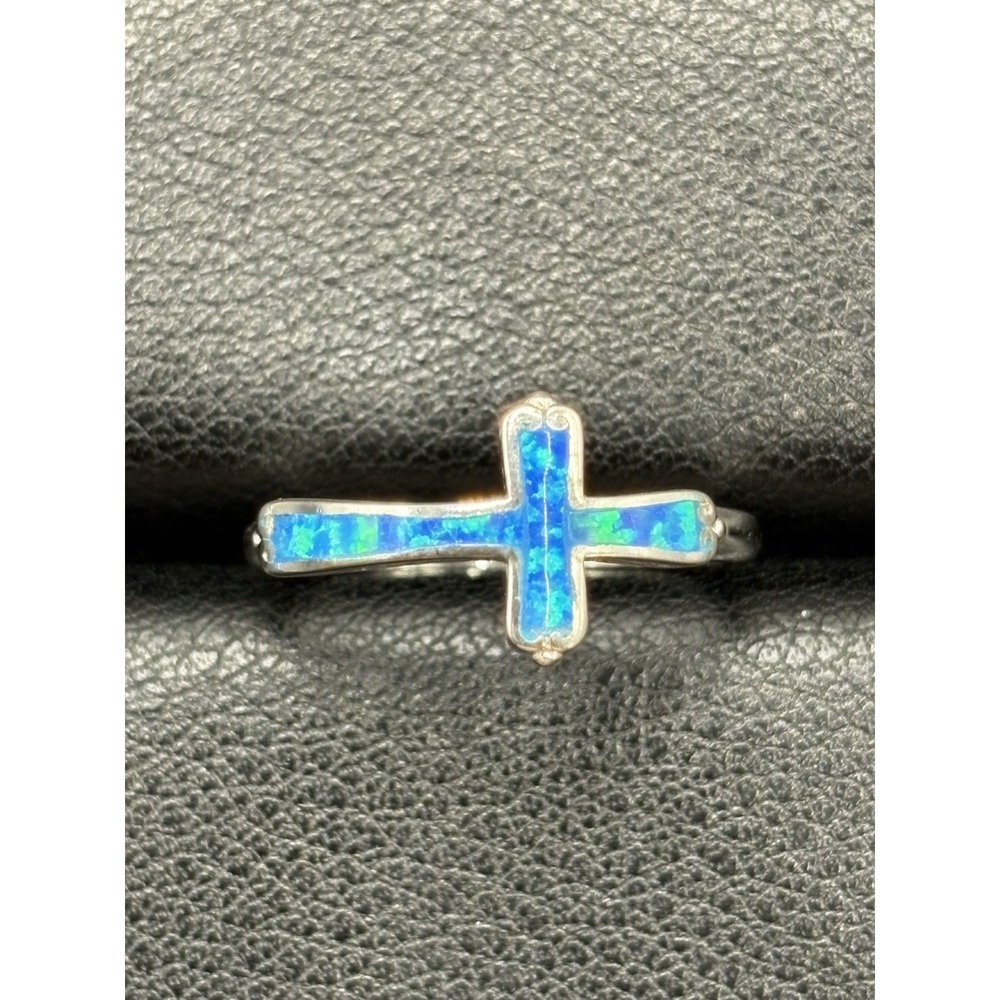 New Condition Sterling Silver Lab Blue Opal Cross Ring Size 7 F9